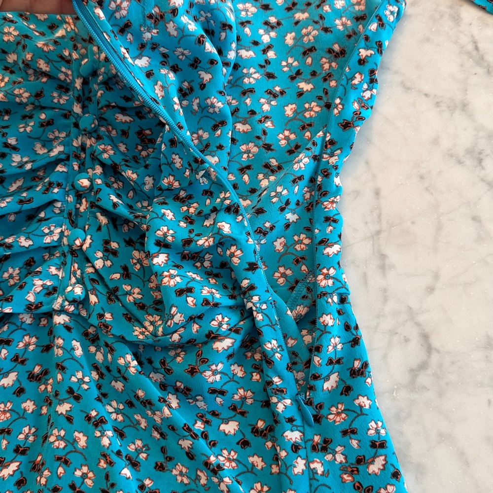 Veronica Beard Turquoise Blue Floral short sleeve Sz 2 XS S Silk Blouse EUC - Picture 6 of 8